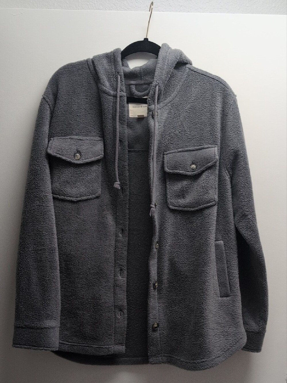Thread & Supply Gray Hooded Sherpa Shirt Jacket, large